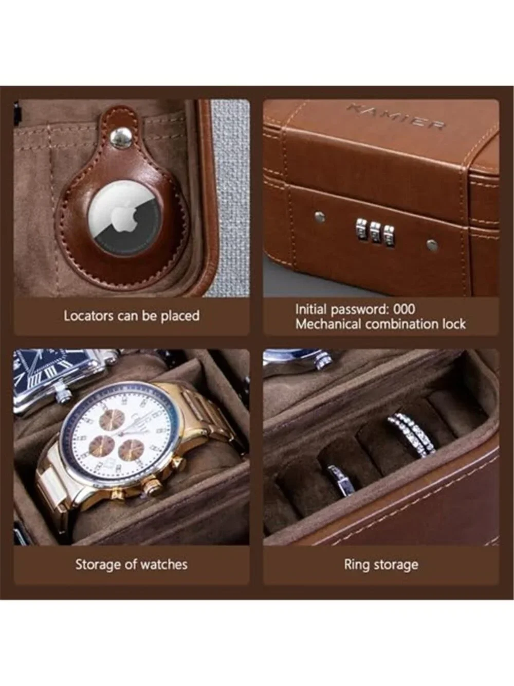 Leather Watch Travel Case 4 Slot Watch Box Lockable Jewelry Storage Organizer